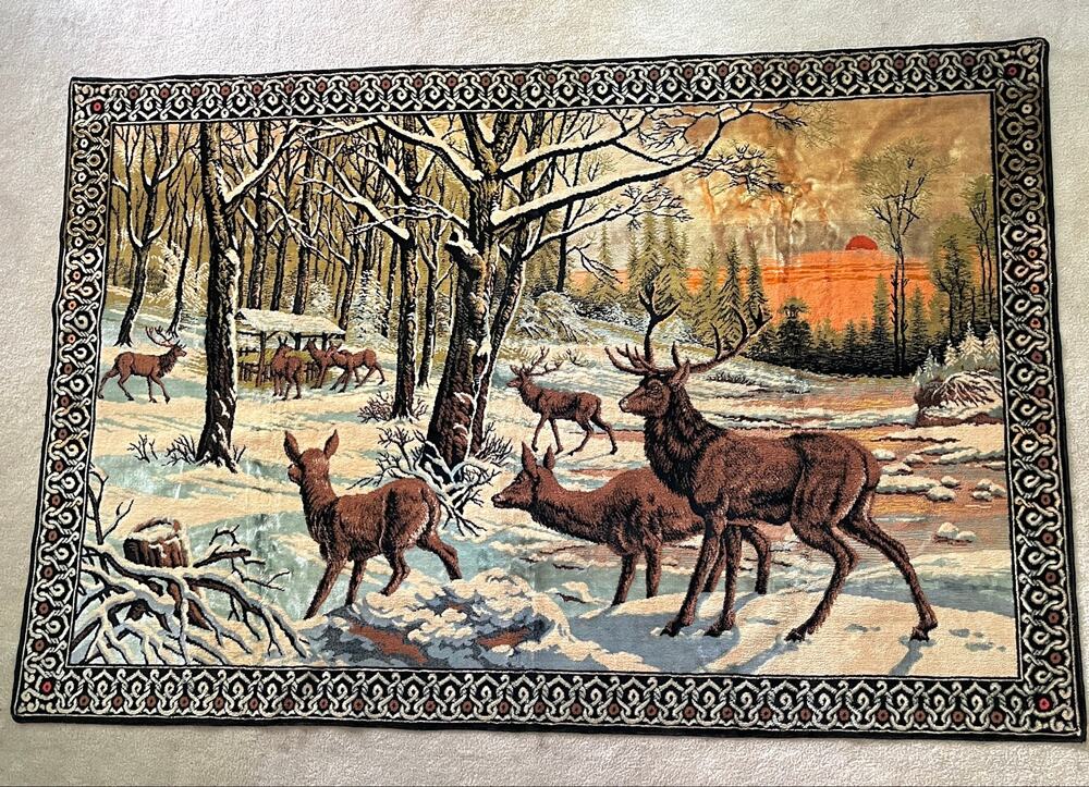 Large Vintage Italian Tapestry Woodland Deer Sunset Landscape Cabin Lodge Nature